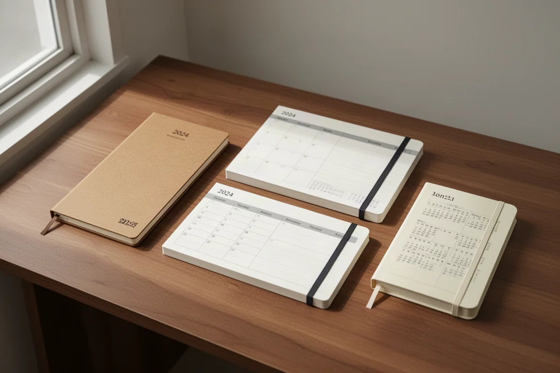 Flat lay of several dated planners on a warm wooden desk