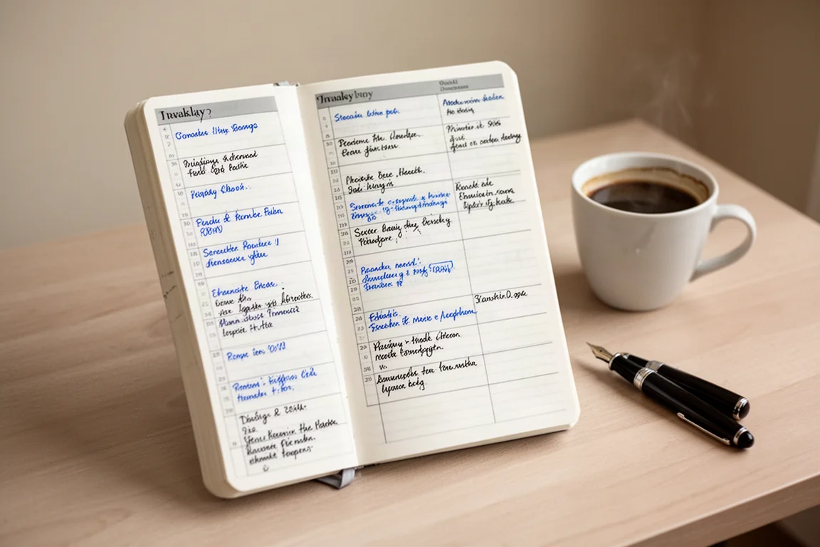 Planner semanal aberto com cronograma de blocos de tempo escrito à mão e café sobre a mesa