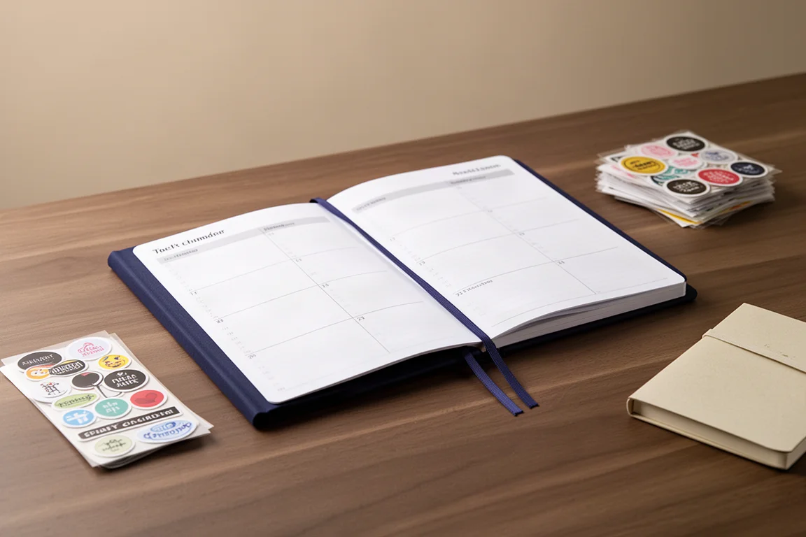 Planner semanal horizontal com capa em cor sólida e marcador de fita