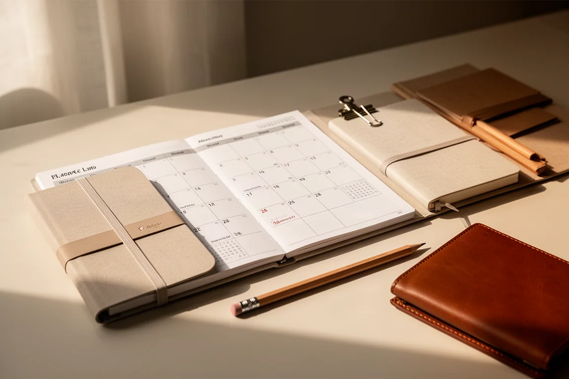 Cena de mesa com planners mensais, caderno slim e caneta em uma sessão de planejamento
