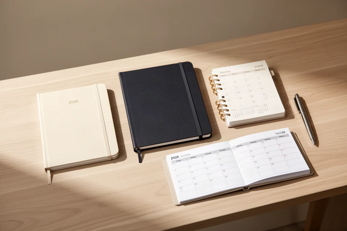 Raccolta di planner e diari 2026 disposti su una scrivania in legno