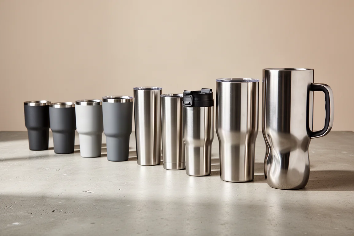 Fourteen stainless steel tumblers lined up on a concrete surface