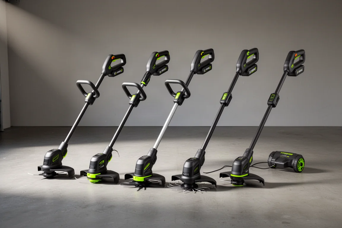 Row of six cordless string trimmers on a concrete garage floor