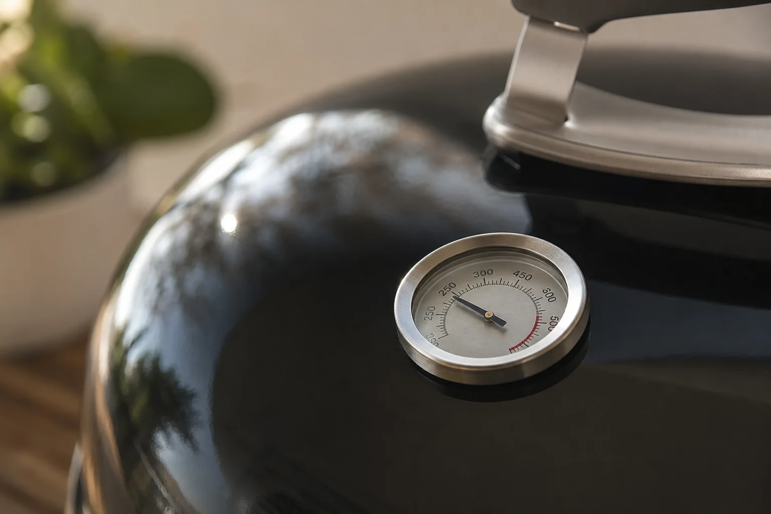 Nahaufnahme des Kugelgrill-Deckels mit integriertem Thermometer zur Temperaturanzeige