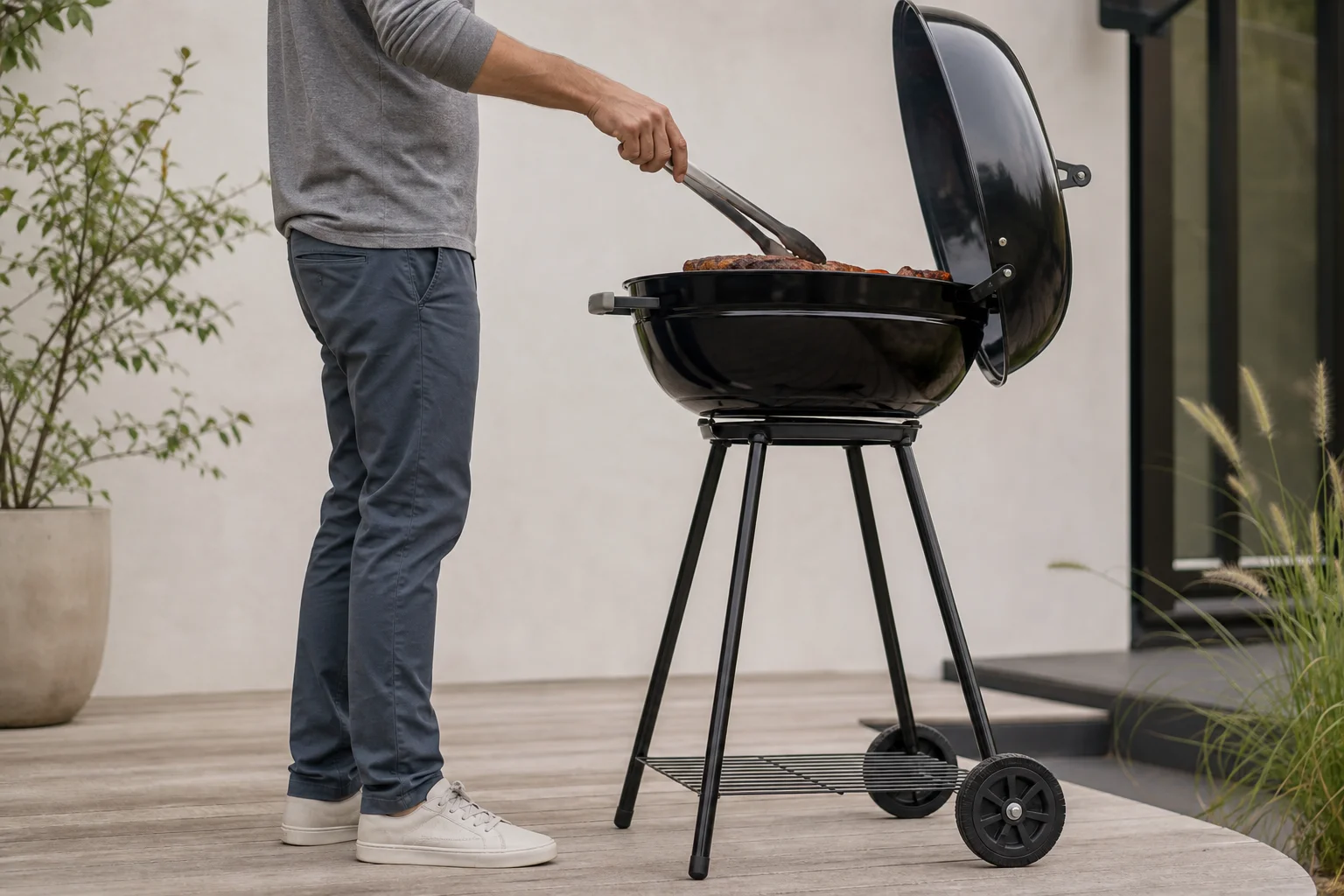 Person beim Grillen an einem hohen Master Touch Kugelgrill mit angenehmer Arbeitshöhe