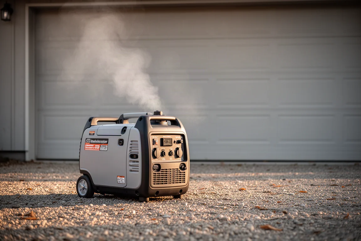 Draagbare invertorgenerator draait buiten op een grindoppervlak