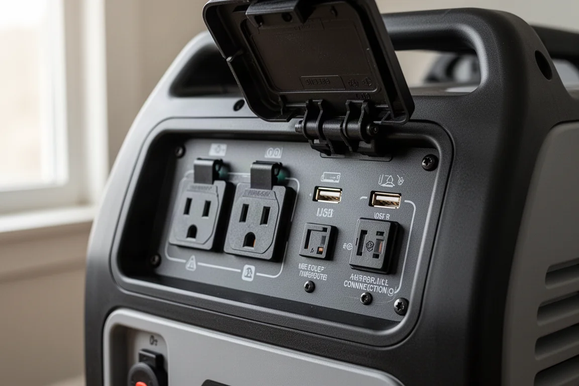Close-up van het bedieningspaneel van een generator met stopcontacten en USB-poorten