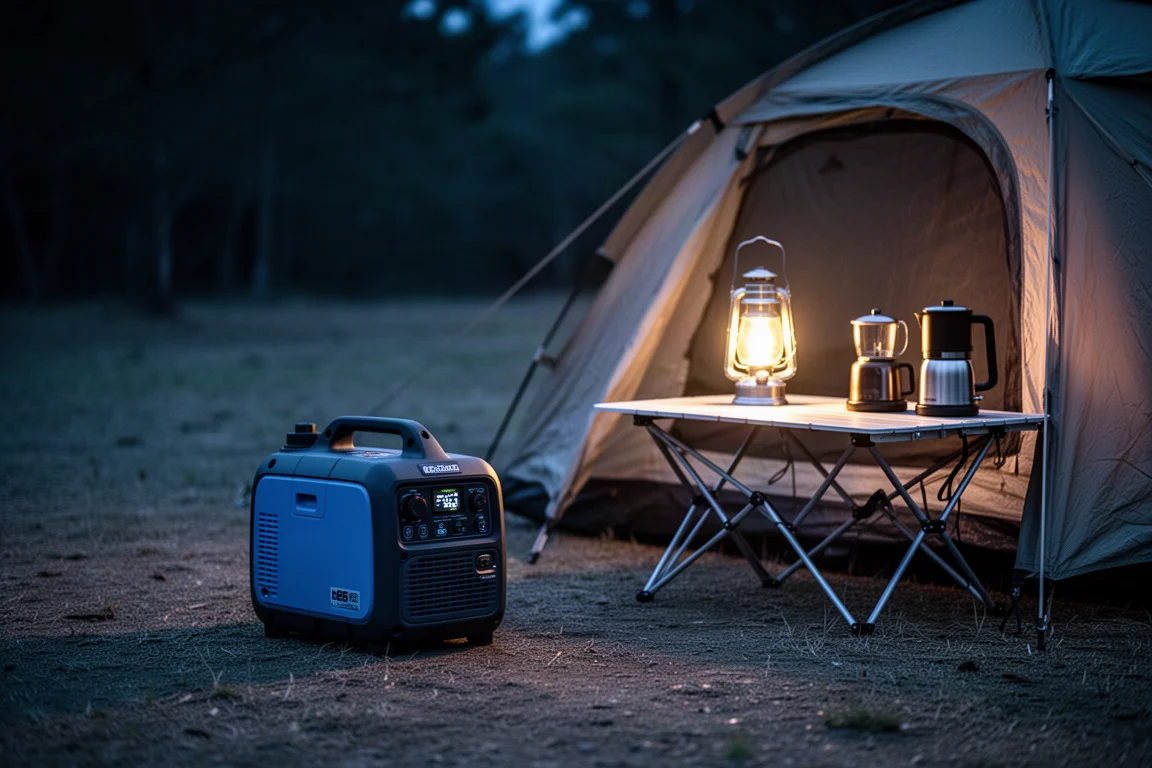 Invertorgenerator voorziet in de schemering kampeerlichten en apparatuur van stroom