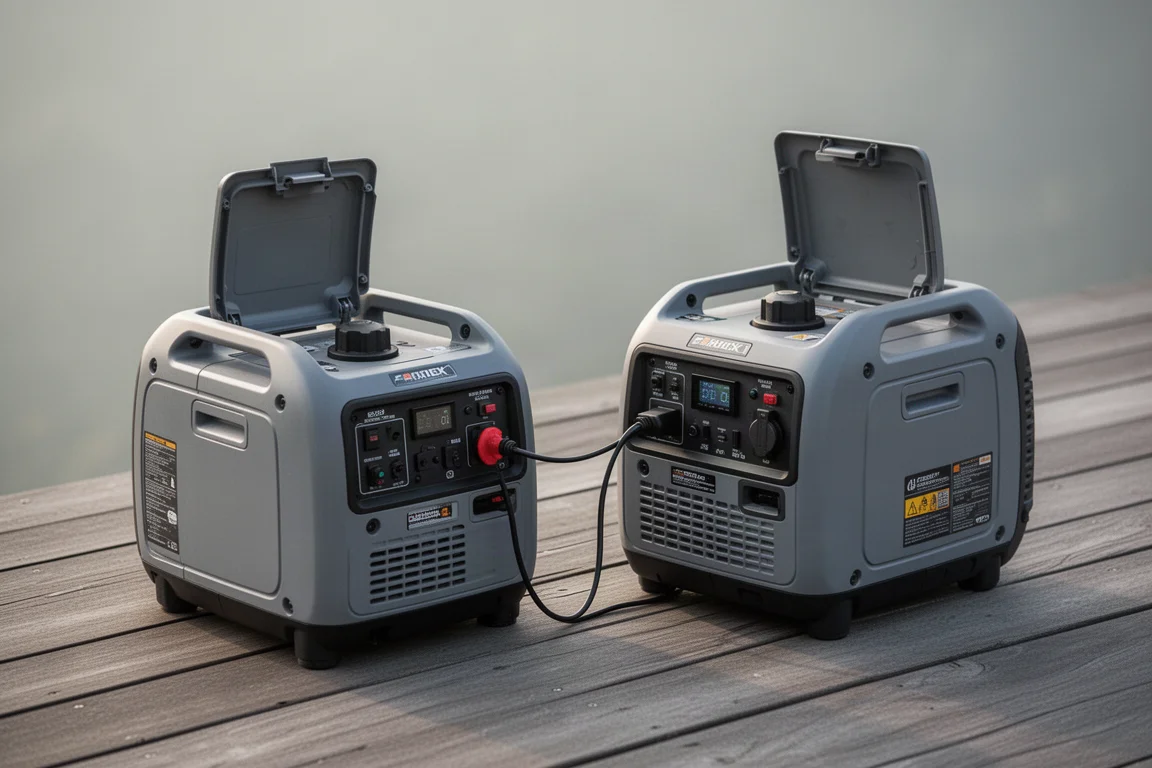 Twee invertorgeneratoren buiten met elkaar verbonden via een parallelkabel