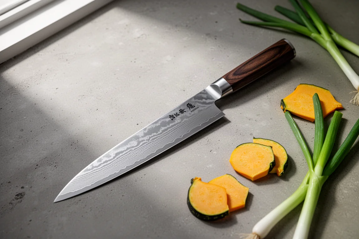 240mm Japanese gyuto chef's knife with layered blade on a concrete surface