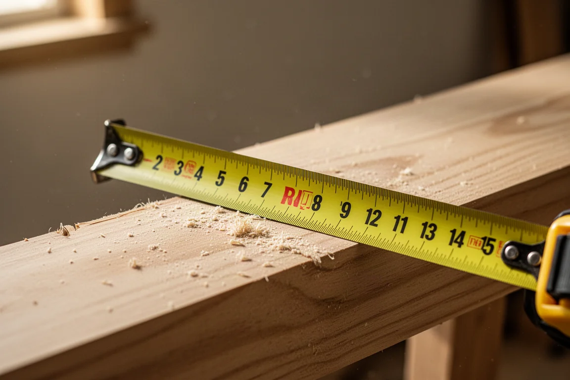 Hoja de flexómetro extendida sobre una tabla de madera mostrando marcas legibles