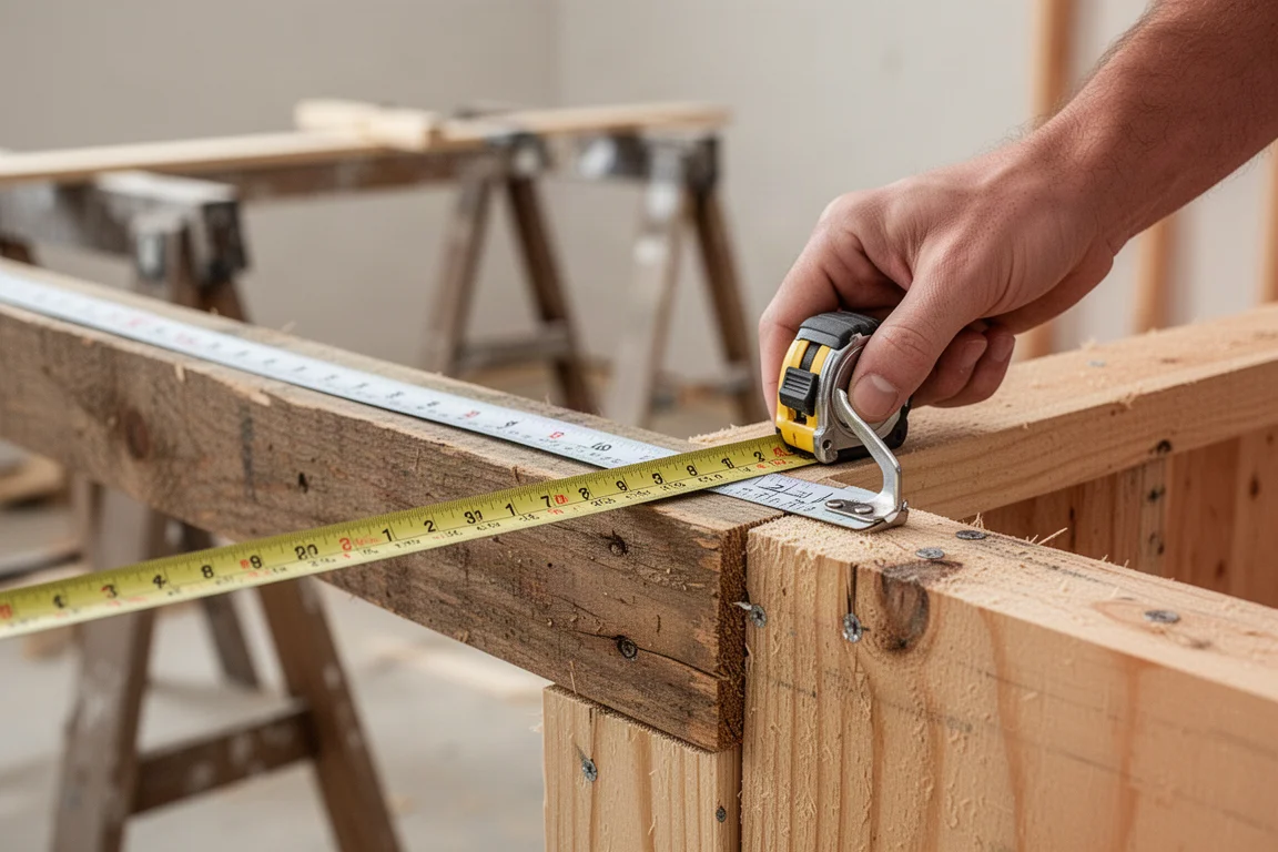 Hoja ancha de flexómetro leída sobre madera de estructura en una obra