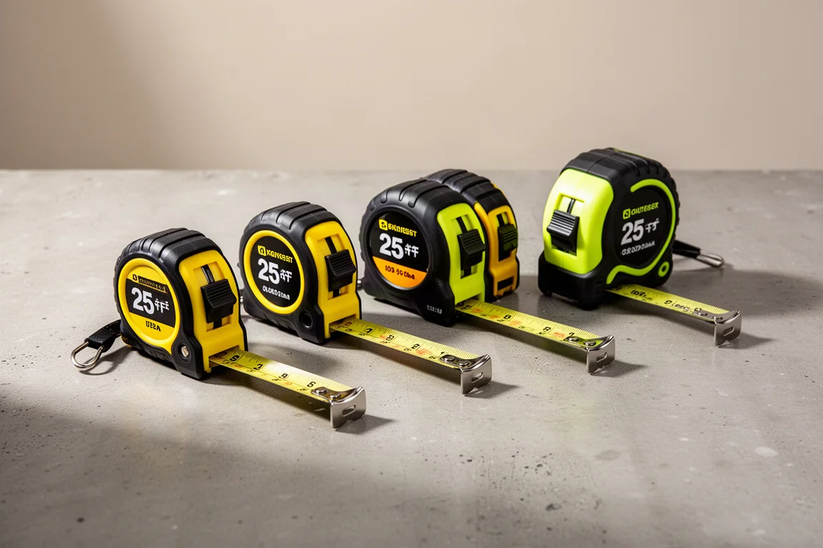Row of 25-foot tape measures with extended blades on a concrete surface