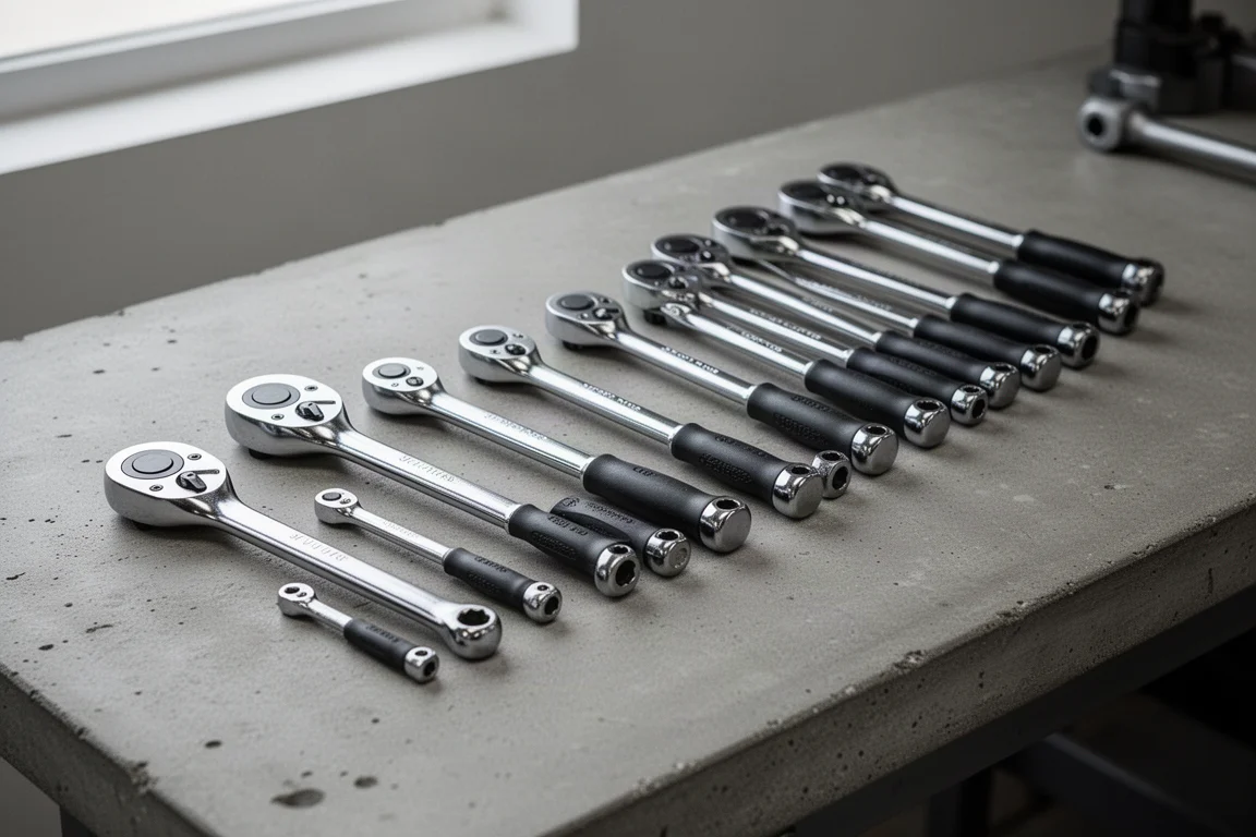 Row of chrome 3/8 ratchets of varying lengths on a concrete workbench
