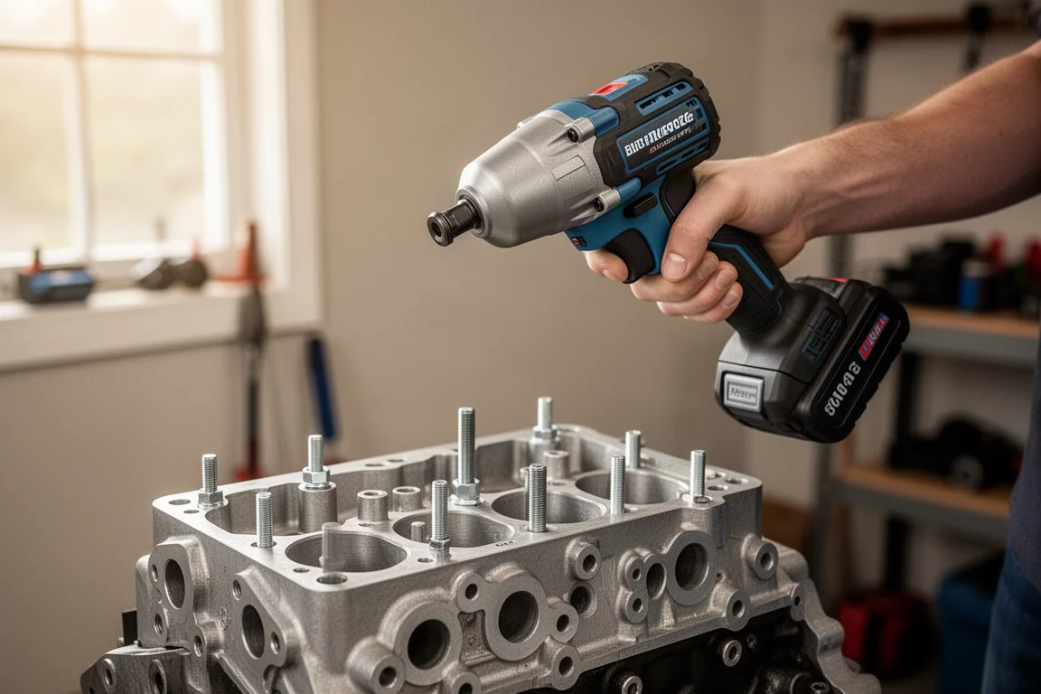 Compact cordless impact wrench loosening a bolt on an engine head