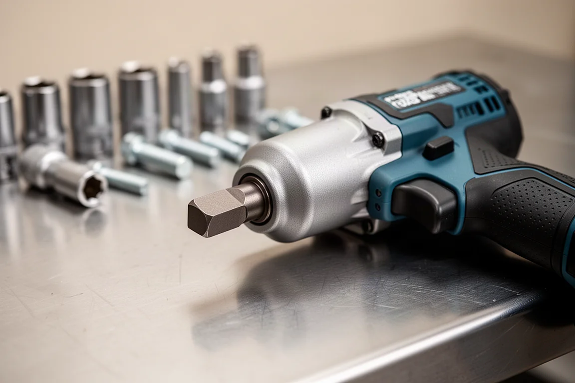 Impact wrench anvil close-up with fastener hardware on a workbench