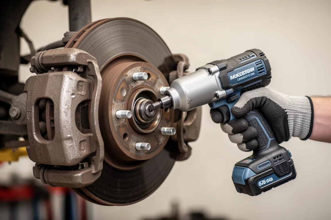 Mechanic using a compact impact wrench on a car brake caliper bolt