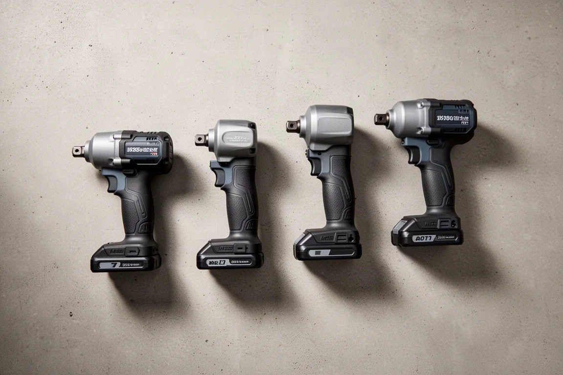 Four impact wrenches side by side showing length differences on concrete
