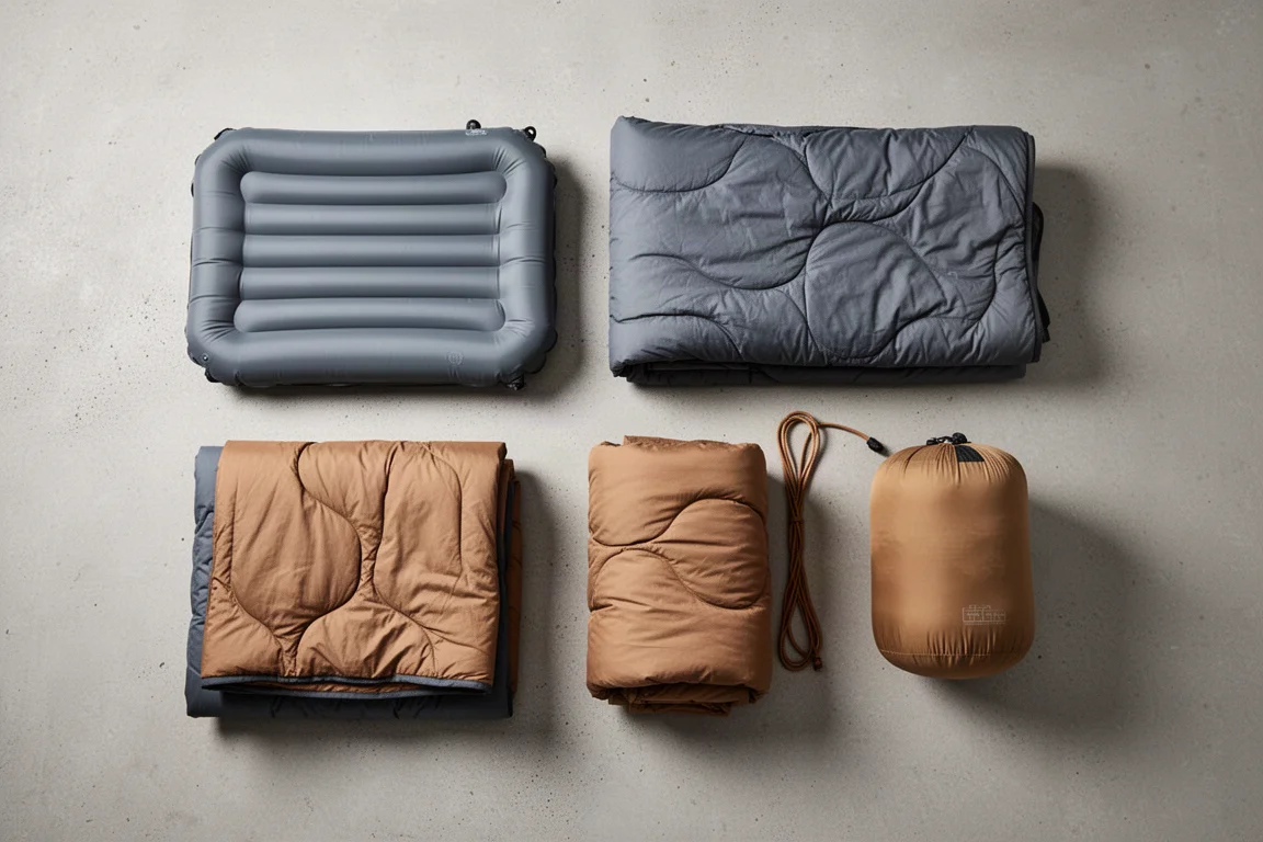 Flache Auslage von Isomatten, Quilts und einem gepackten Schlafsack auf Beton