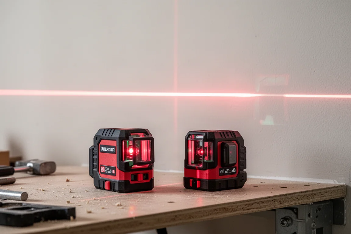 Dwie poziomice laserowe obok siebie rzutujące linie poziome na ścianę w jasnym świetle dziennym