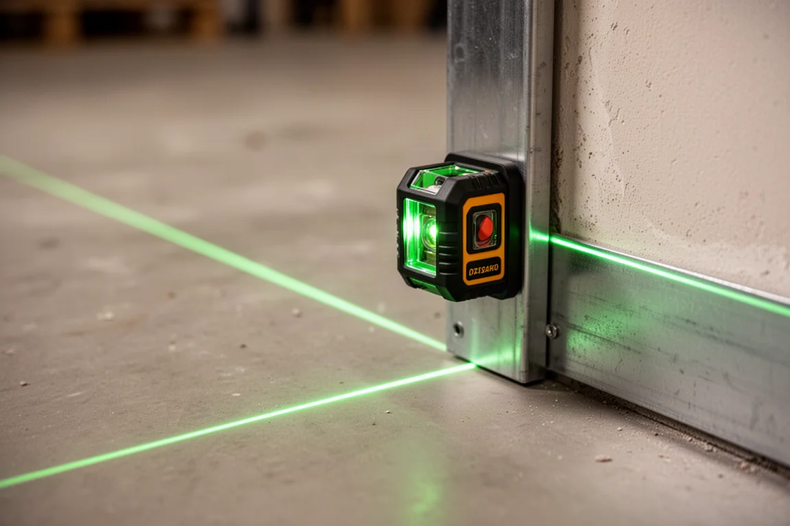 Kompaktowa poziomica laserowa 2-płaszczyznowa zamontowana na metalowej belce w warsztacie