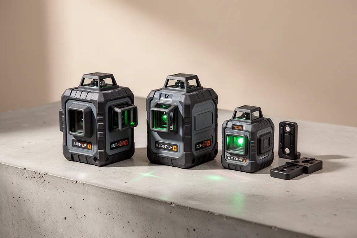 Three laser levels side by side on a concrete surface with magnetic brackets