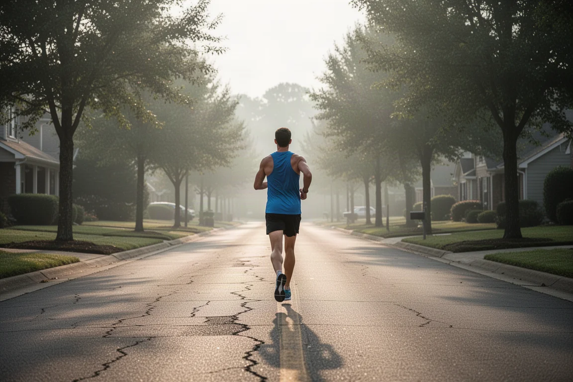 Runner logging easy daily miles on a quiet suburban road in soft morning light