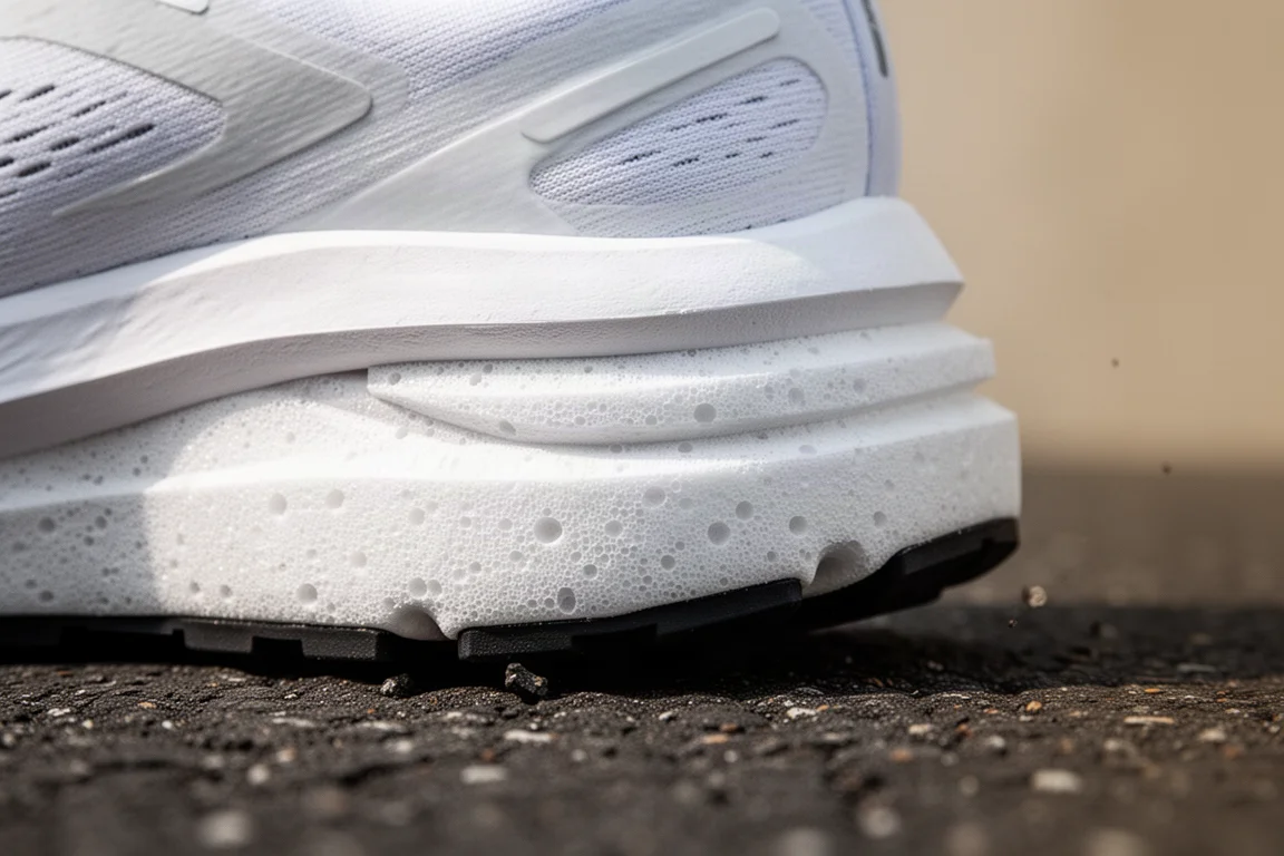 Close-up of a thick midsole foam stack compressing on tarmac