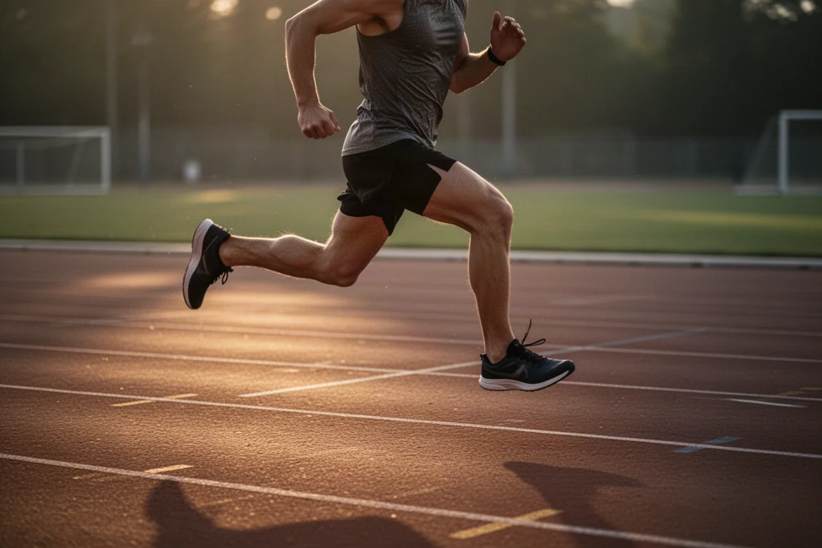 Runner picking up the pace during an interval session on an empty track