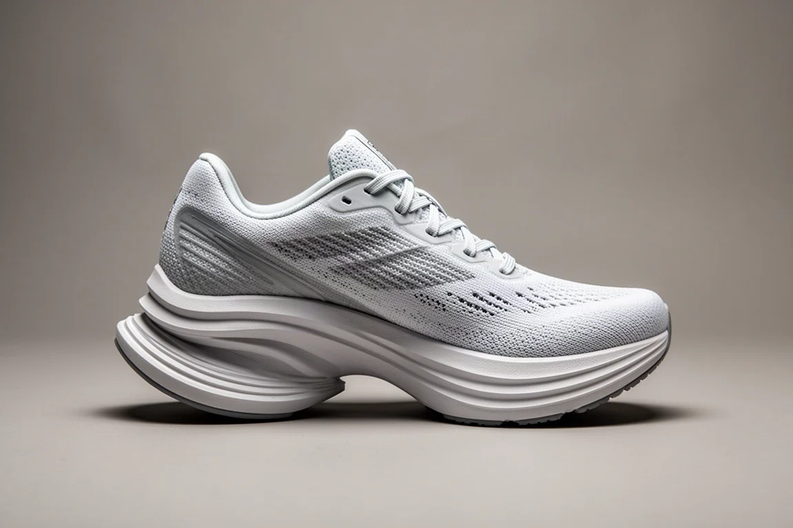 Rocker-geometry race shoe midsole detail showing pronounced heel and forefoot curve