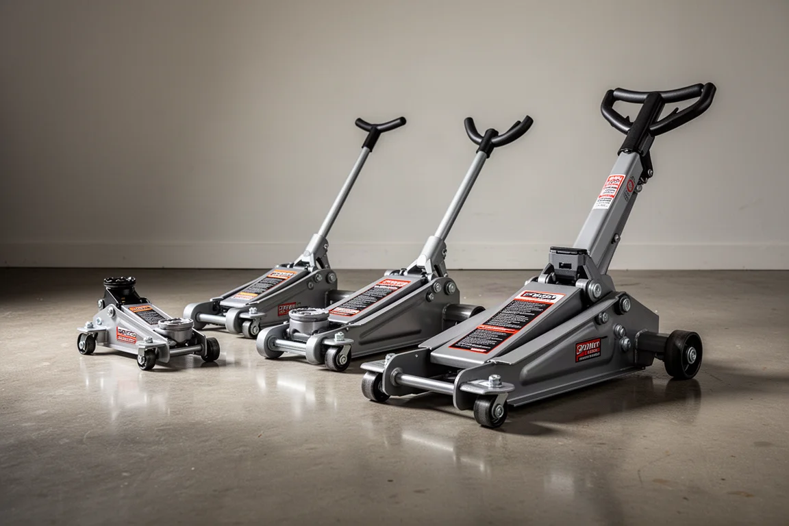 Four hydraulic floor jacks of different sizes lined up on a concrete garage floor