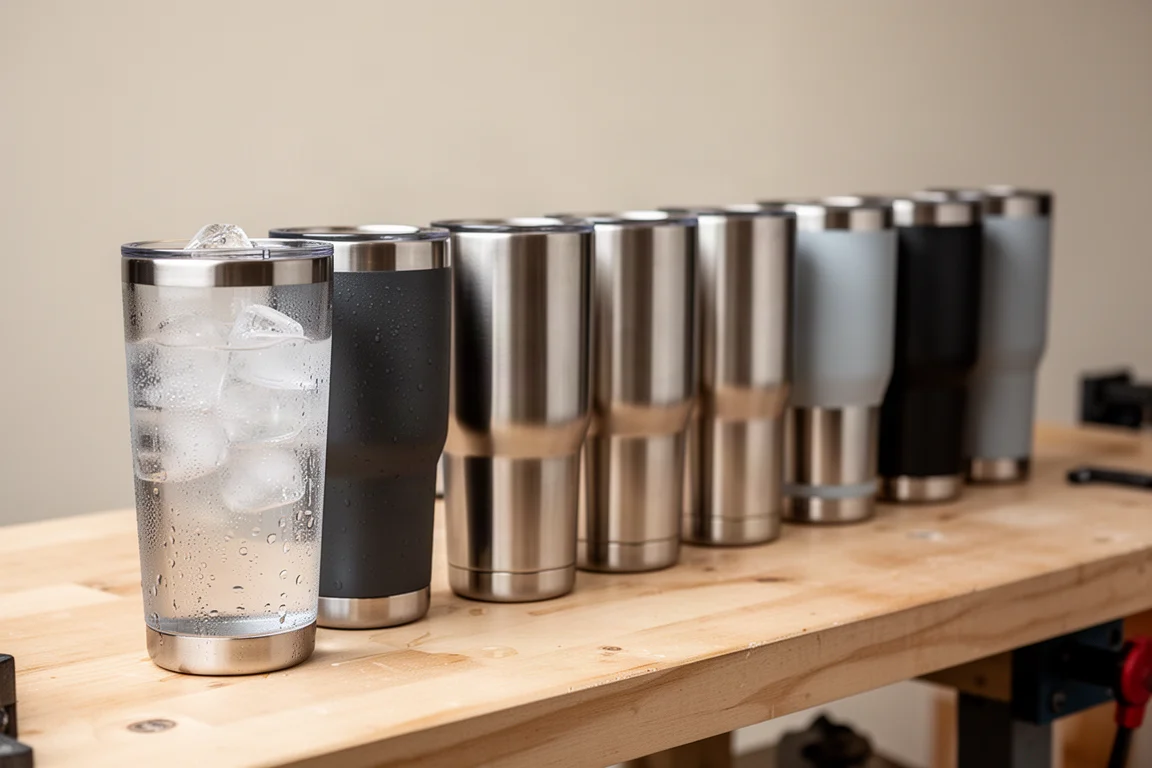 Fourteen insulated tumblers lined up on a table with ice water being poured