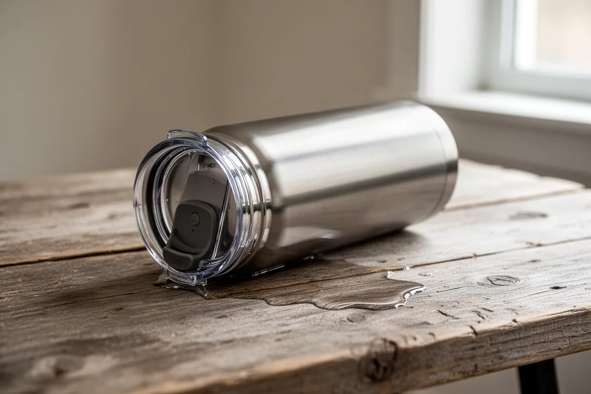 Tumbler tipped over on a wooden surface with a small puddle of water