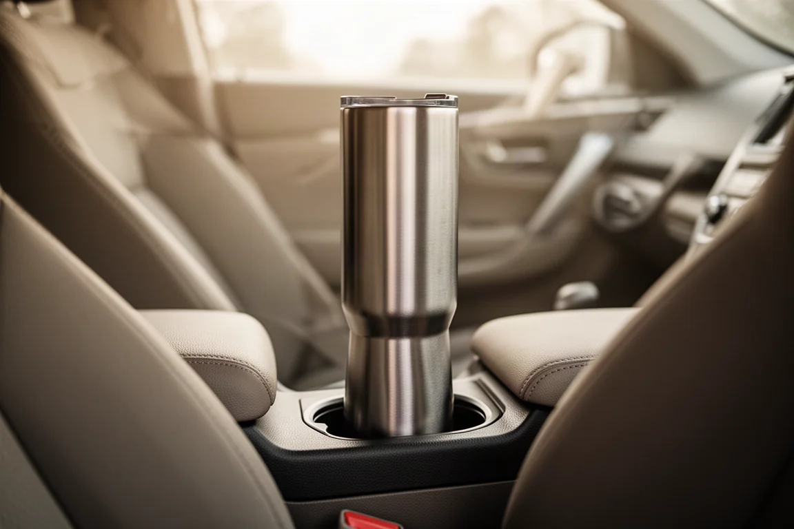 Tall narrow tumbler standing in a car cup holder