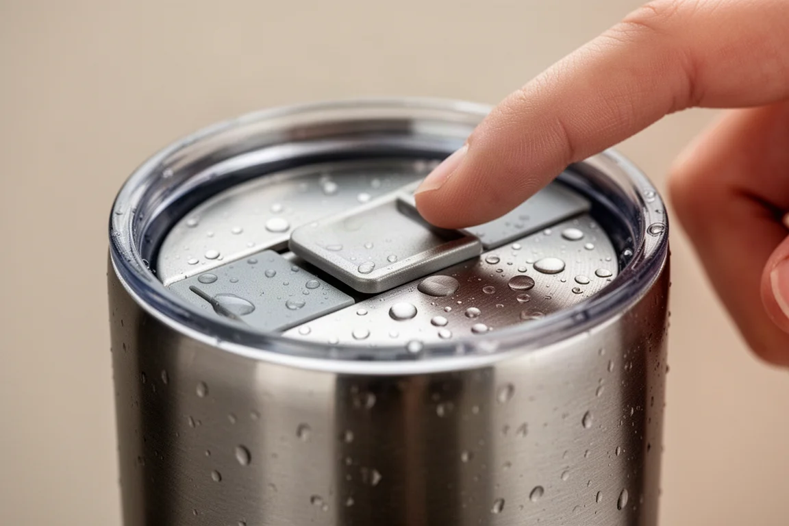 Close-up of a tumbler lid slider being opened