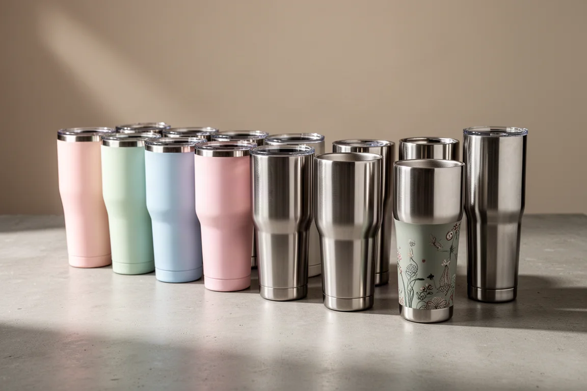 Fourteen insulated tumblers of various sizes and finishes lined up on a concrete surface
