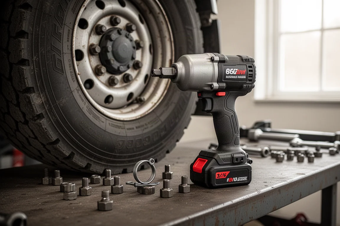 Heavy-duty 3/4 inch impact wrench resting on a truck wheel lug during work