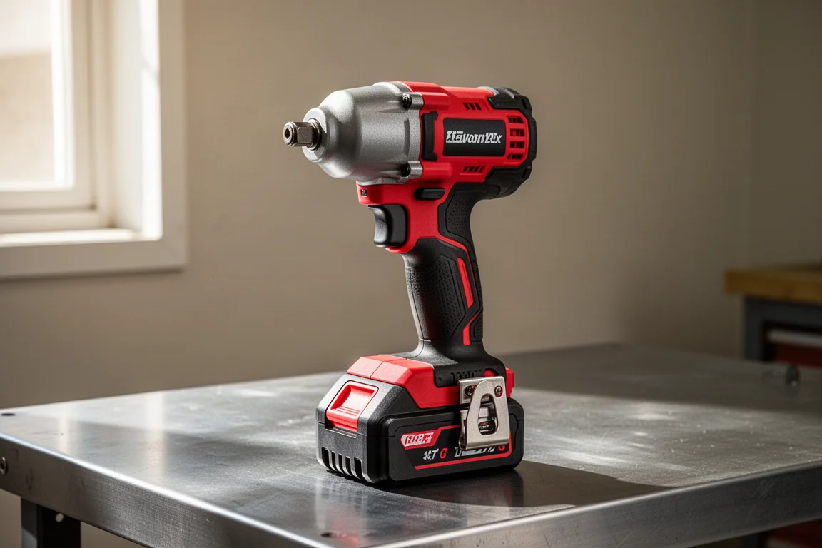 Red cordless impact wrench with a large battery pack on a workshop bench