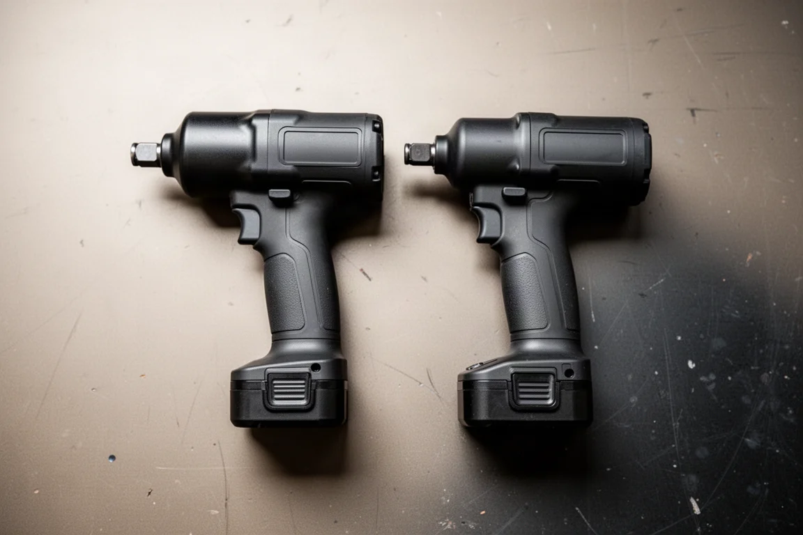 Two nearly identical matte black impact wrenches side by side on a workbench