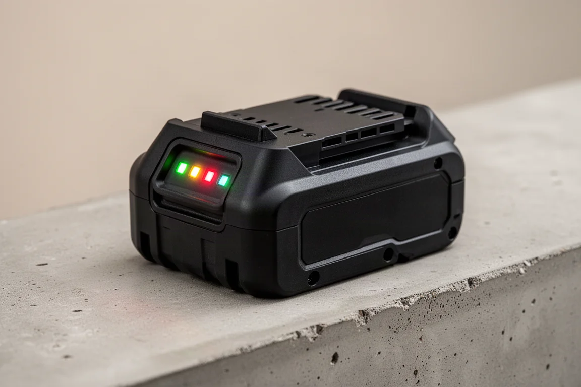 Impact wrench battery pack with charge indicator lights glowing on a bench