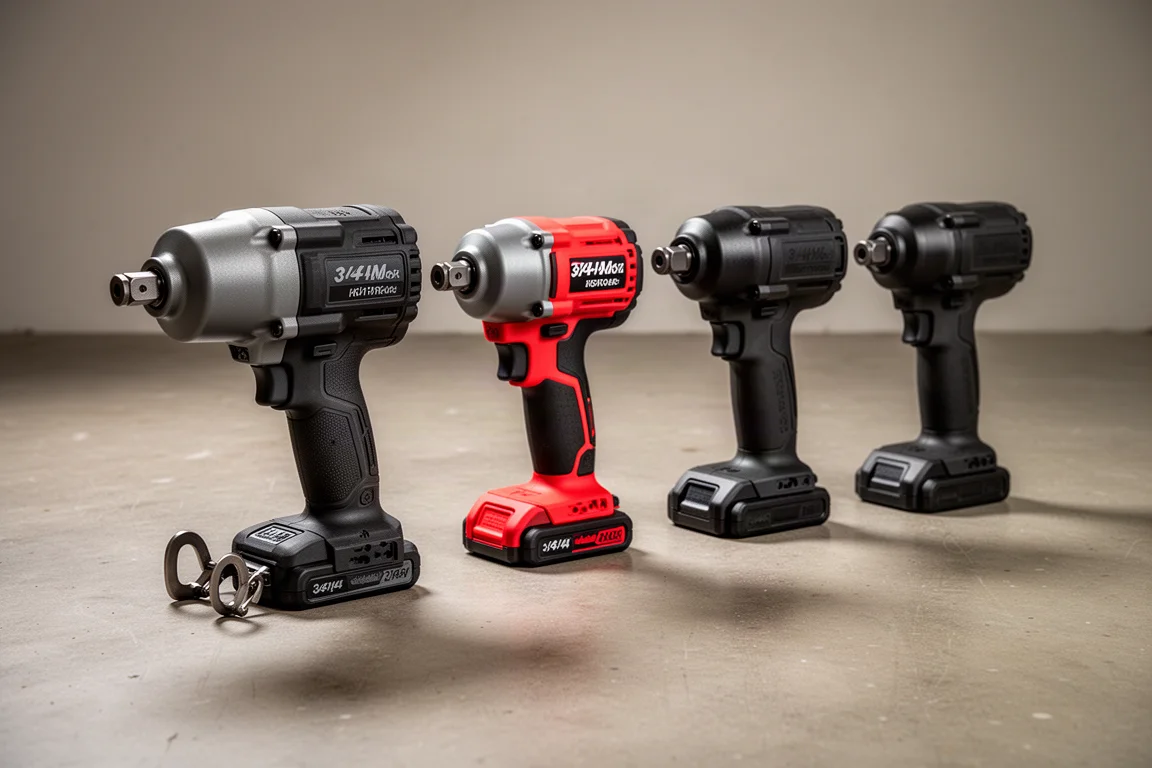 Five cordless 3/4 inch impact wrenches lined up on a concrete workshop floor