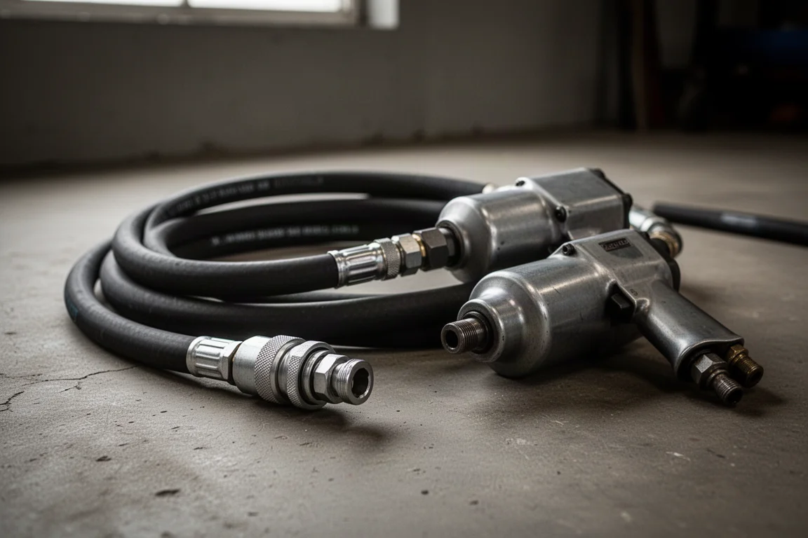 Tuyau et raccords de compresseur d'air branchés sur une clé à choc dans un atelier