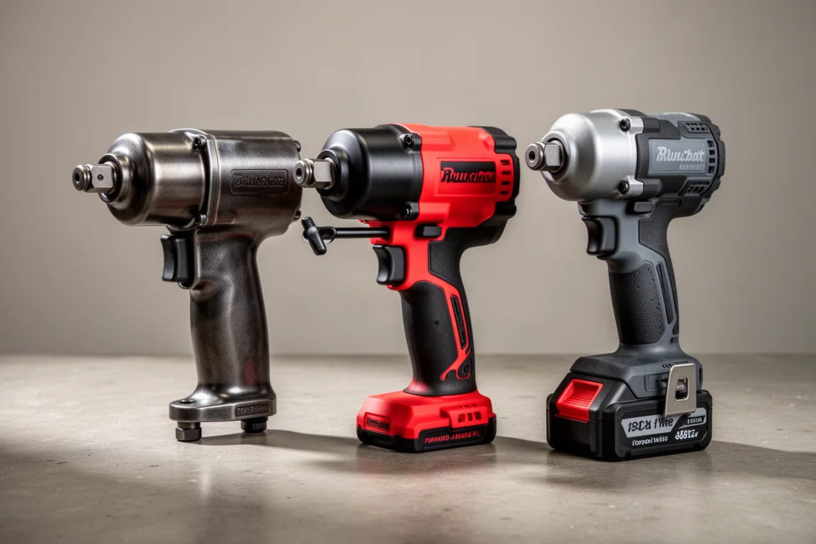Three heavy-duty impact wrenches side by side on a concrete workshop surface