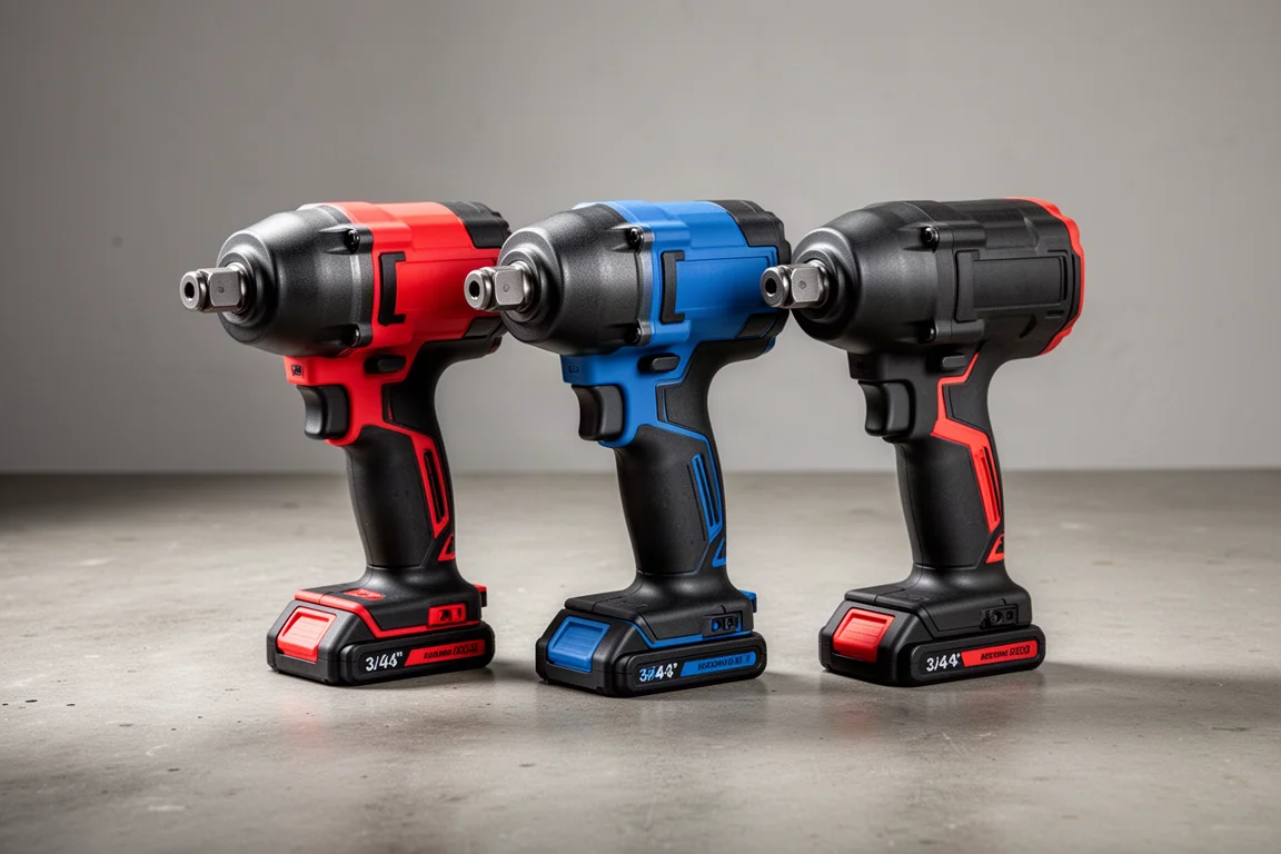Three 3/4-inch cordless impact wrenches lined up on a concrete surface