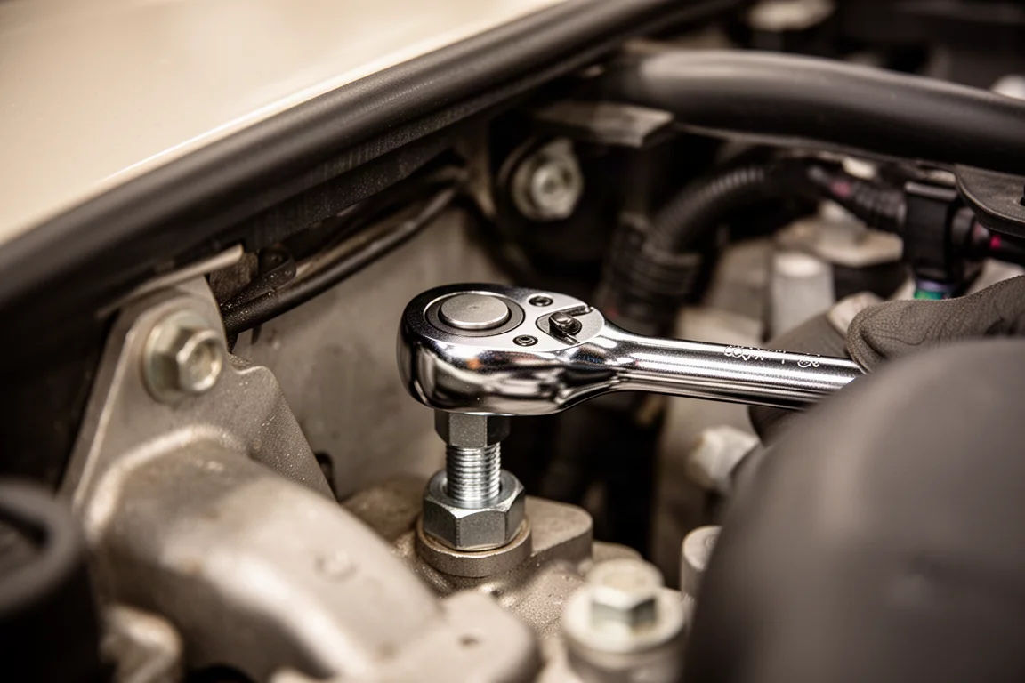 Compact ratchet head turning a bolt in a cramped engine bay