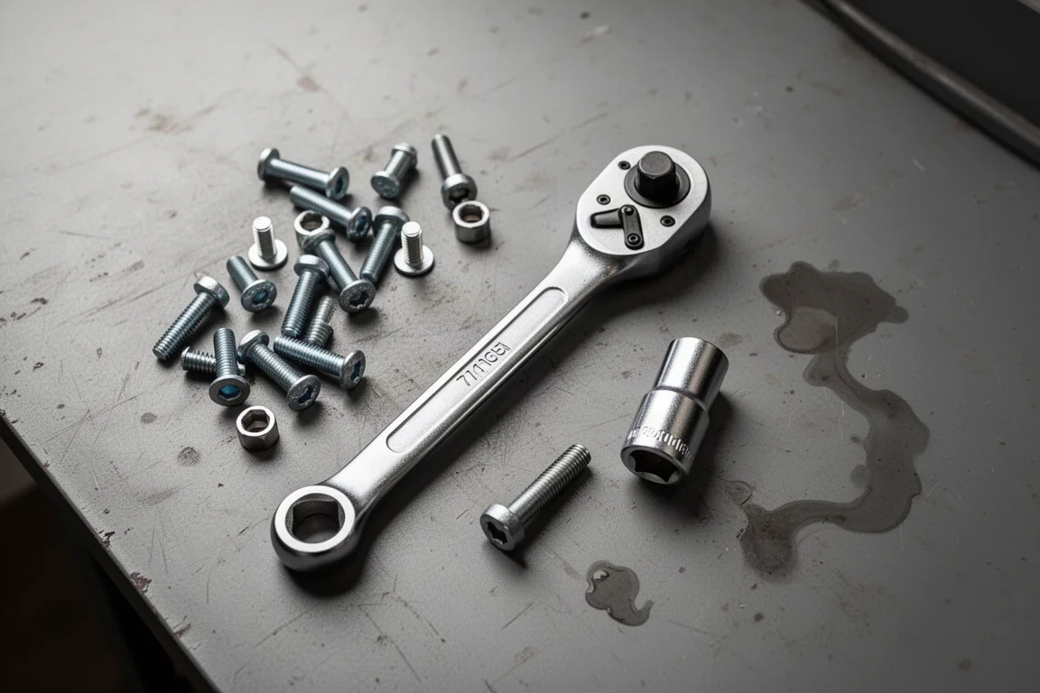 Ratchet and socket resting on a greasy workbench beside loose fasteners