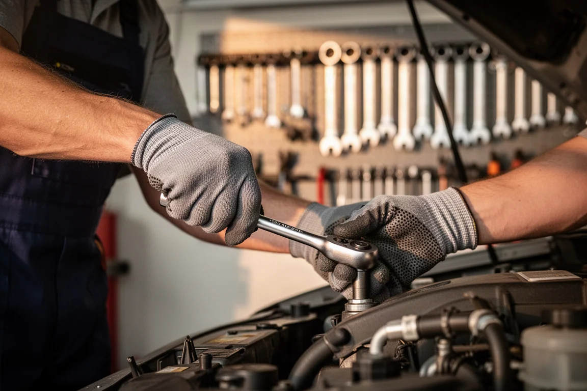 Mechanic working on a vehicle with a ratchet under warm garage light