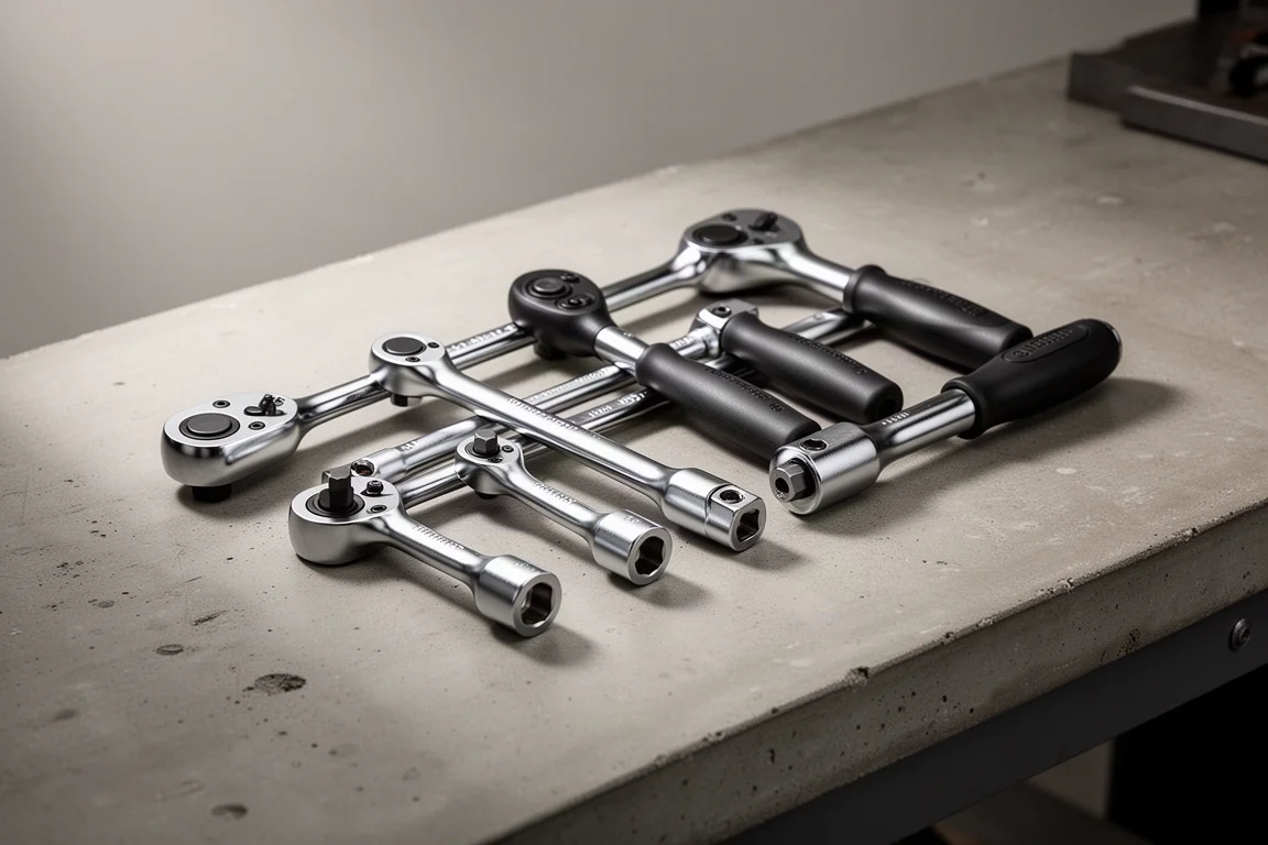 Six 3/8-inch drive ratchets arranged in a row on a concrete workbench