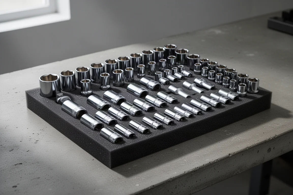 Comprehensive chrome socket set organized in a dark foam tray on a workbench