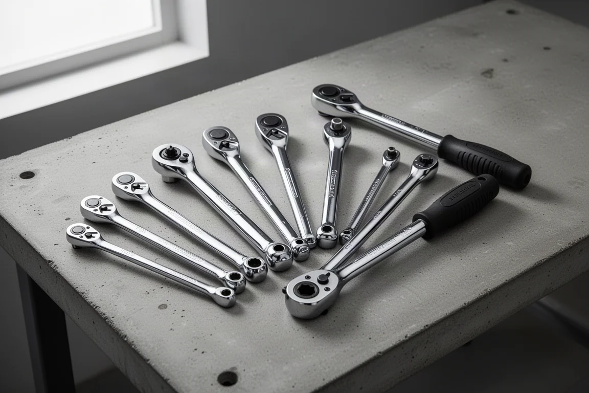 Collection of chrome ratchets of various sizes fanned out on a concrete workbench
